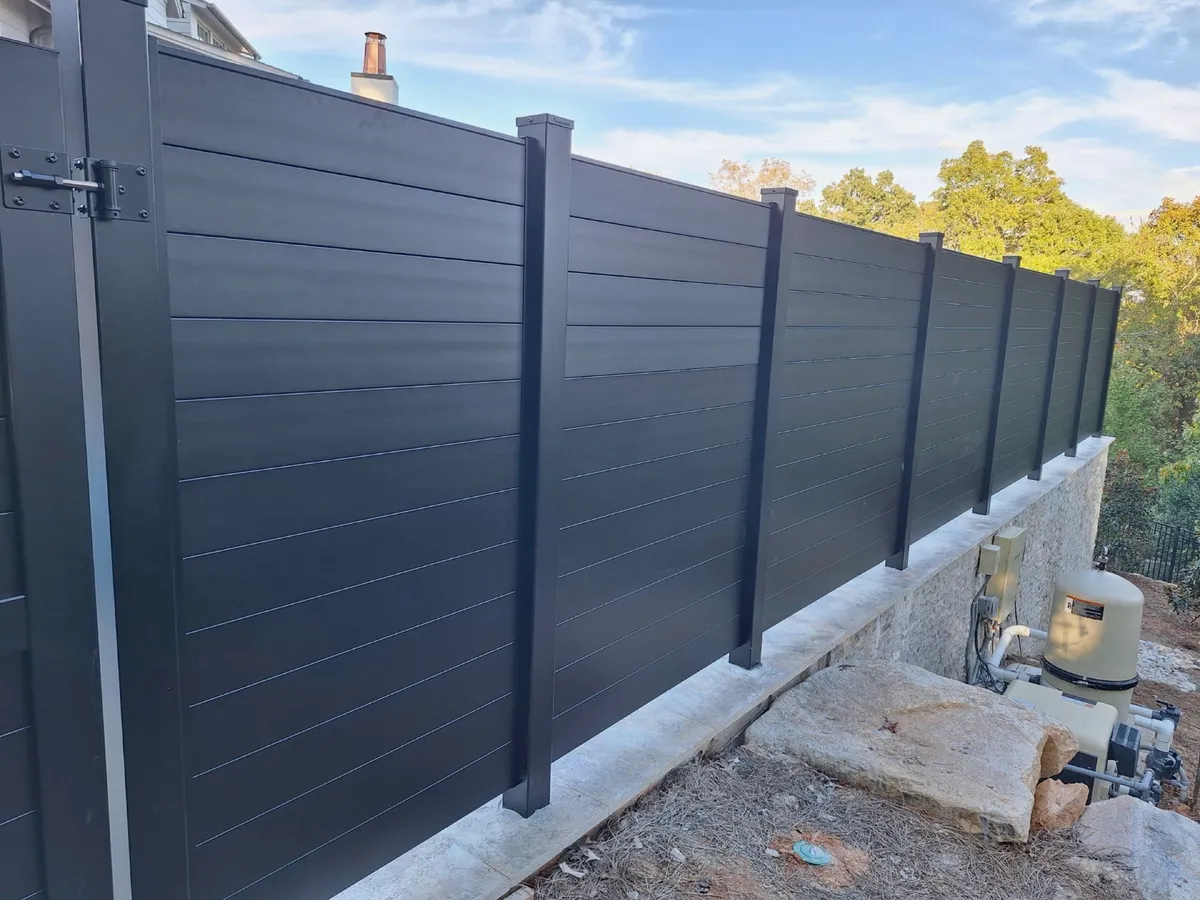 Full perimeter installation of Sleek Fence horizontal aluminum fencing around pool in Roswell